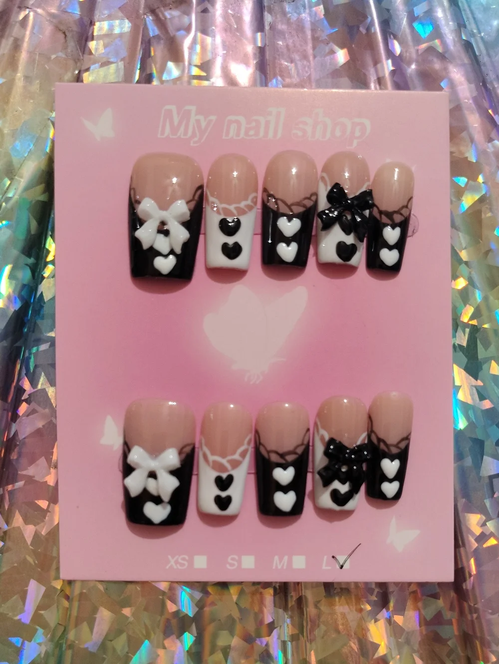 Black & Nude Heart Bow Press-On Nail Kit by My Nail Shop